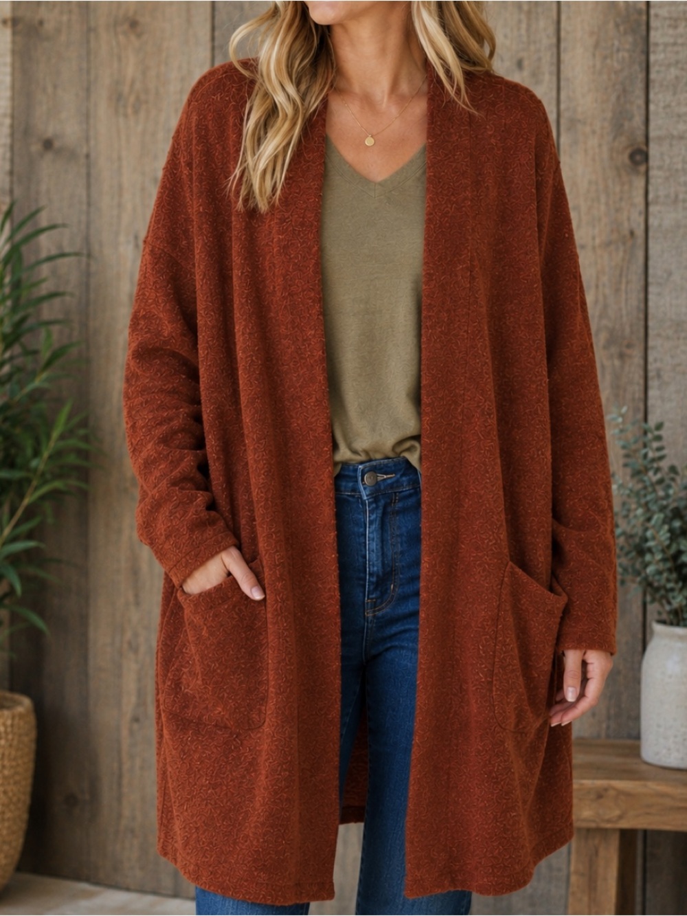 Jenni Kayne Cardigan XS Rust Brown Wool Yak Blend Open Front Duster Sweater